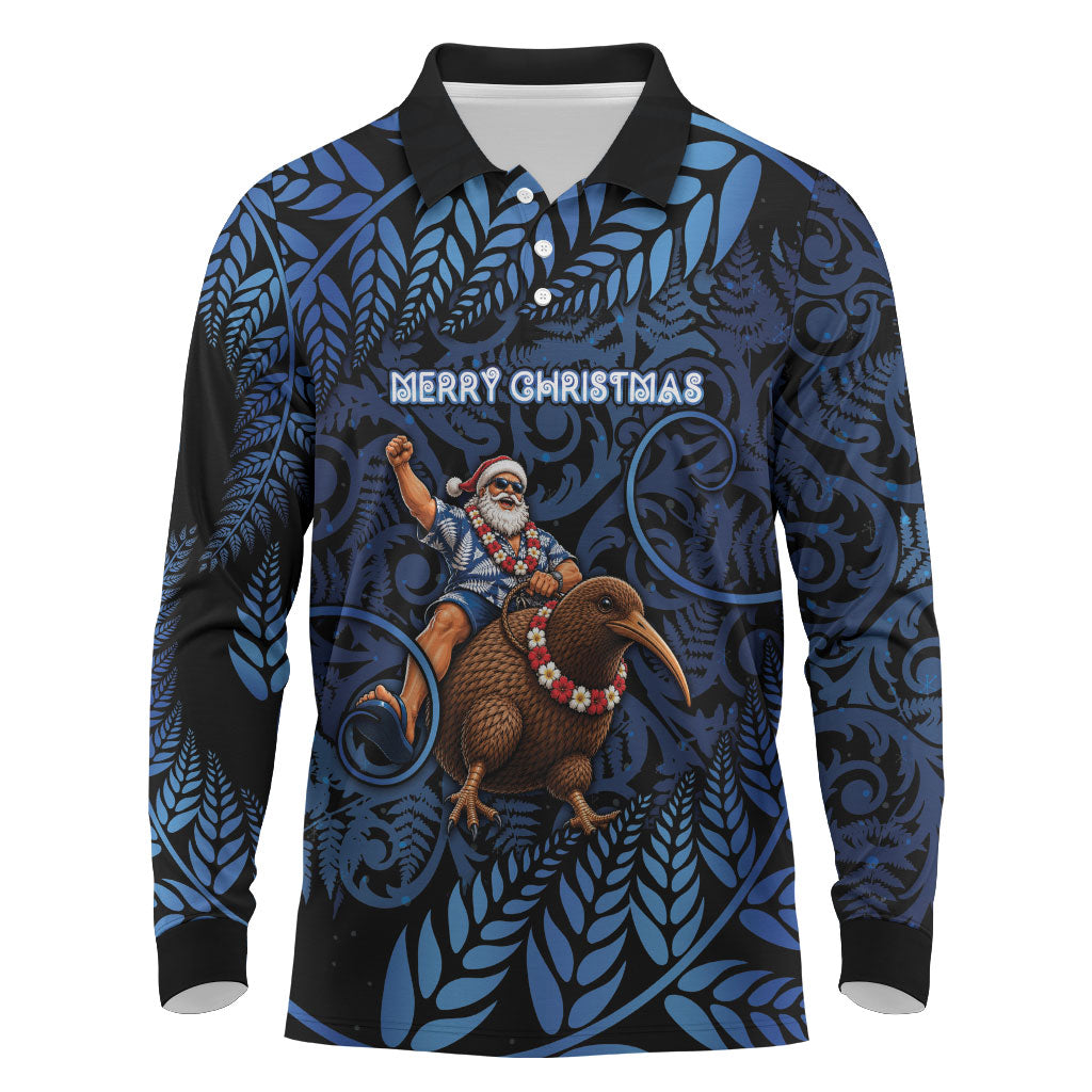 New Zealand Christmas Long Sleeve Polo Shirt Santa Riding Kiwi Bird Silver Fern DT05 Navy - Polynesian Pride