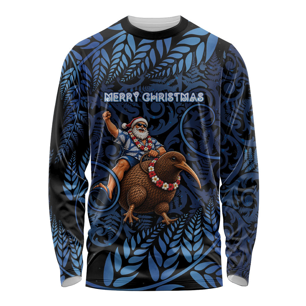 New Zealand Christmas Long Sleeve Shirt Santa Riding Kiwi Bird Silver Fern DT05 Unisex Navy - Polynesian Pride