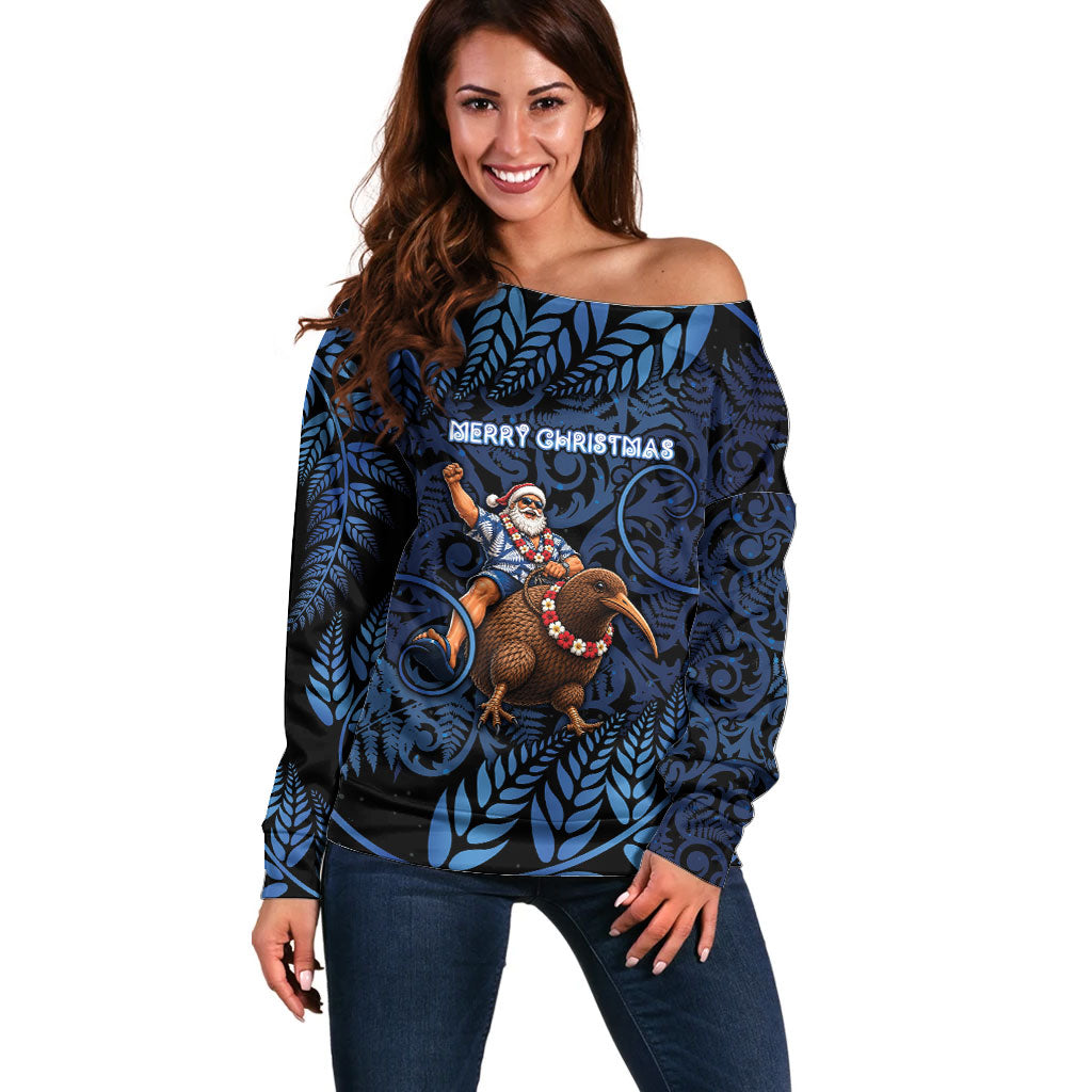 New Zealand Christmas Off Shoulder Sweater Santa Riding Kiwi Bird Silver Fern DT05 Women Navy - Polynesian Pride