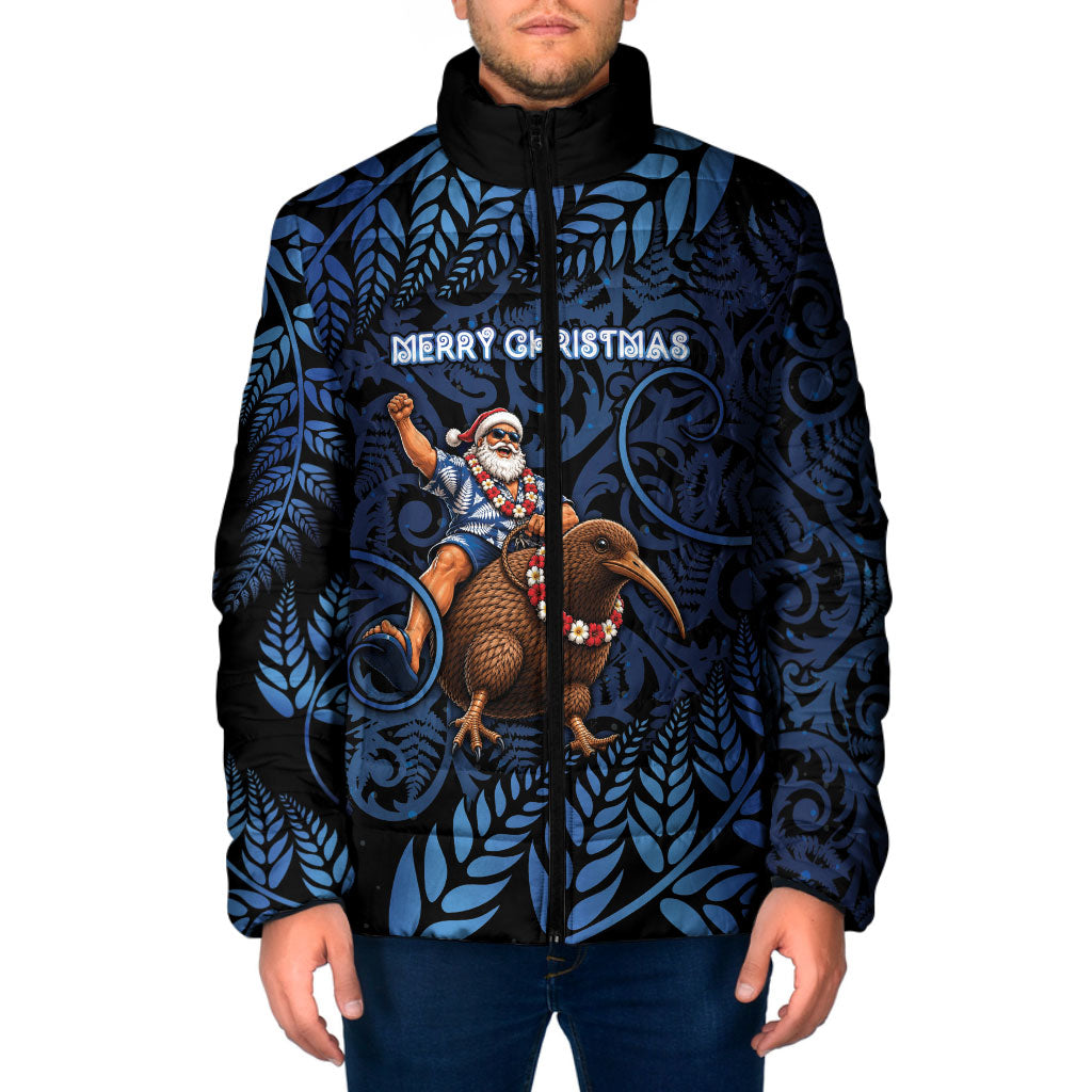 New Zealand Christmas Padded Jacket Santa Riding Kiwi Bird Silver Fern DT05 Men Navy - Polynesian Pride