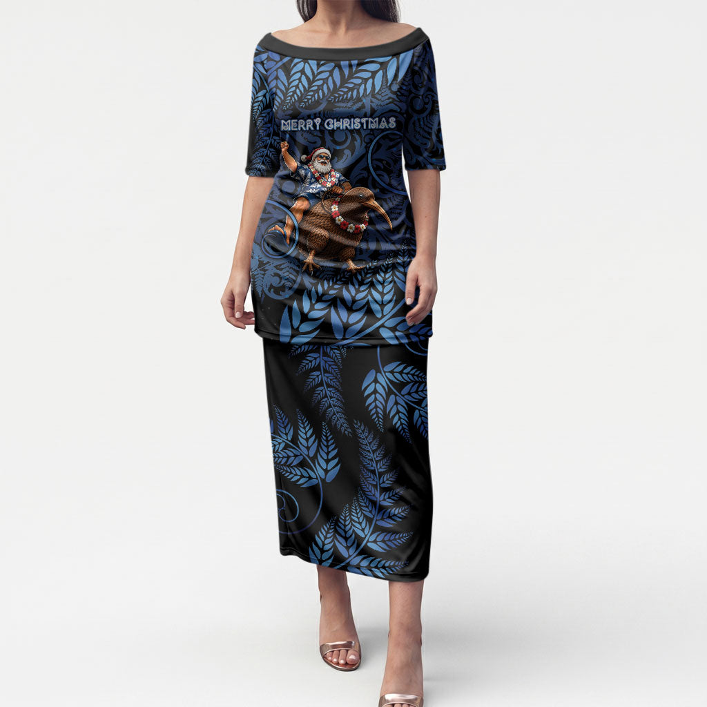 New Zealand Christmas Puletasi Santa Riding Kiwi Bird Silver Fern DT05 Long Dress Navy - Polynesian Pride