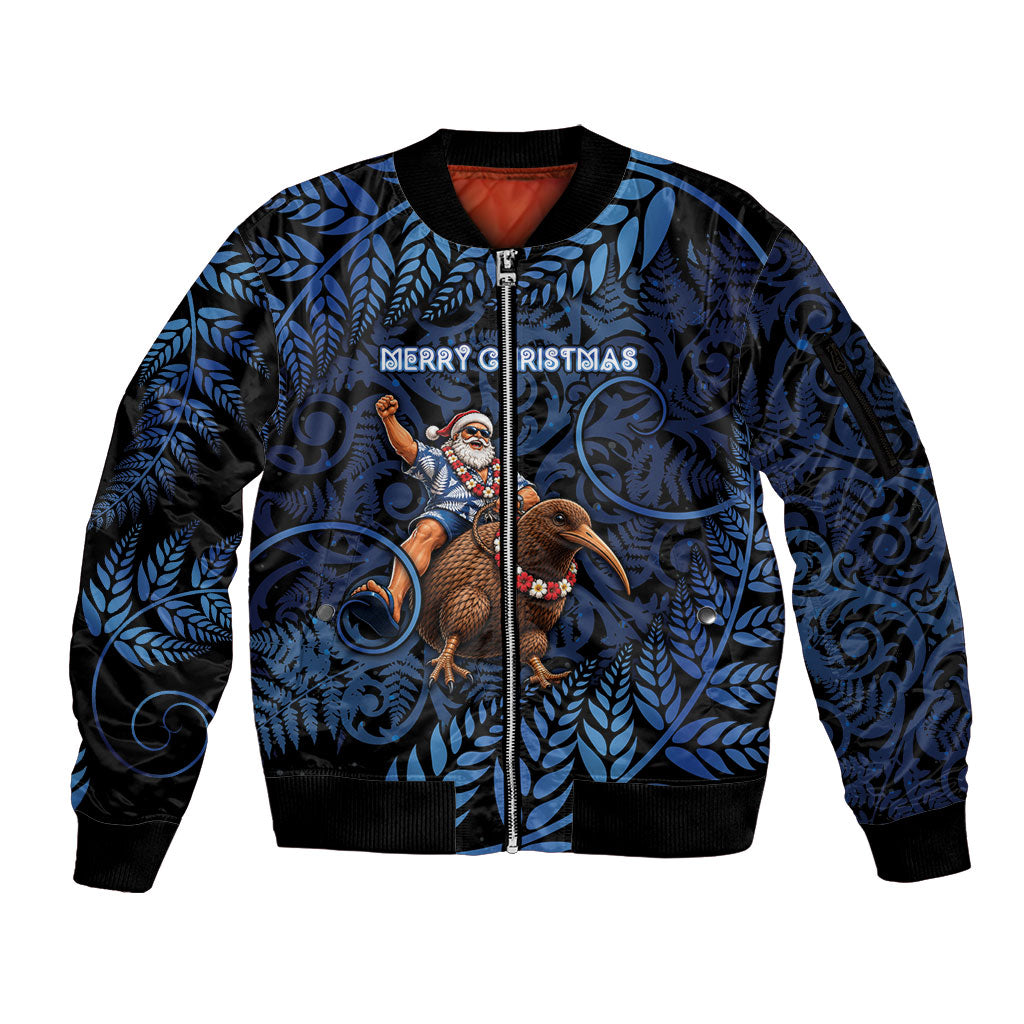 New Zealand Christmas Sleeve Zip Bomber Jacket Santa Riding Kiwi Bird Silver Fern DT05 Unisex Navy - Polynesian Pride