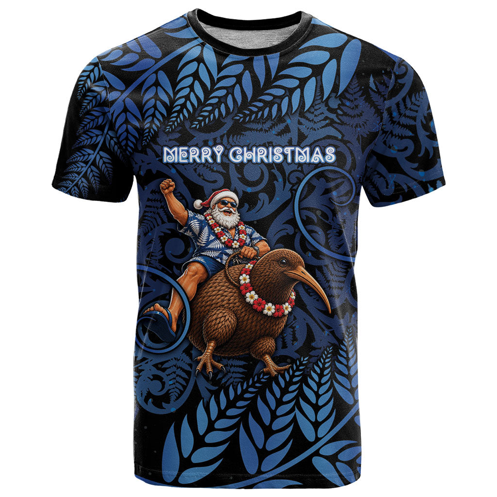 New Zealand Christmas T Shirt Santa Riding Kiwi Bird Silver Fern DT05 Navy - Polynesian Pride