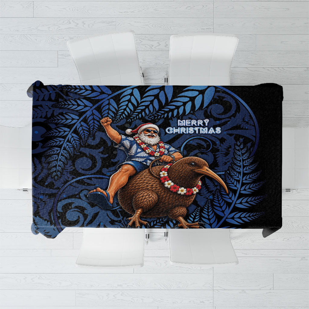 New Zealand Christmas Tablecloth Santa Riding Kiwi Bird Silver Fern DT05 Navy - Polynesian Pride