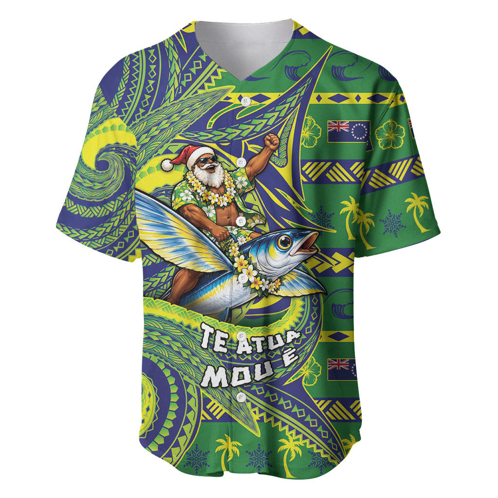 Cook Islands Christmas Baseball Jersey Santa Riding Flying Fish DT05 Green - Polynesian Pride
