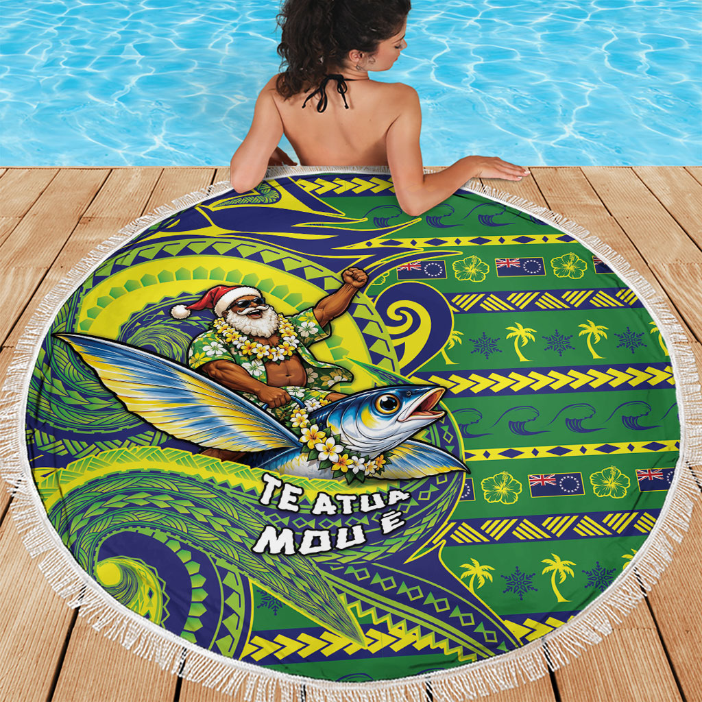Cook Islands Christmas Beach Blanket Santa Riding Flying Fish