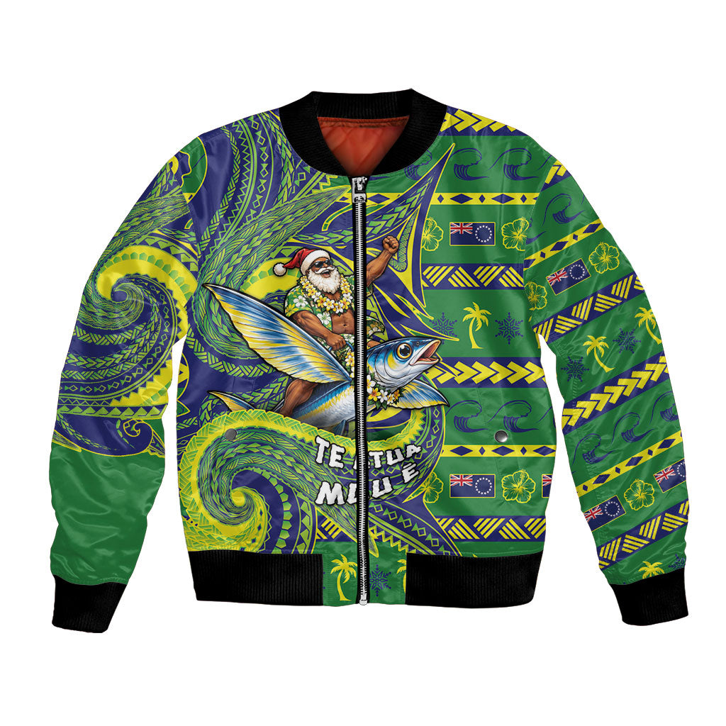 Cook Islands Christmas Bomber Jacket Santa Riding Flying Fish DT05 Unisex Green - Polynesian Pride