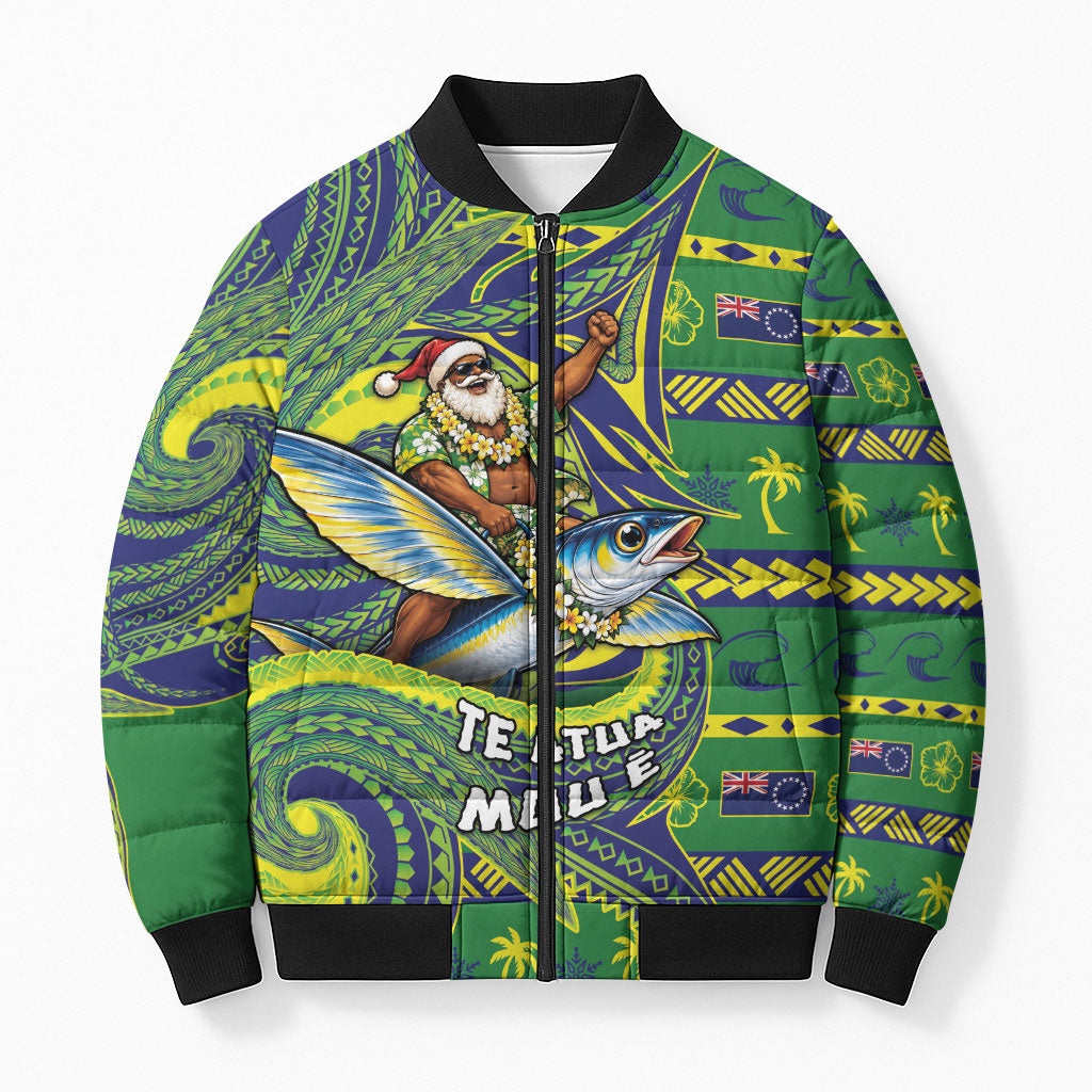 Cook Islands Christmas Bomber Puffer Jacket Santa Riding Flying Fish DT05 Unisex Green - Polynesian Pride