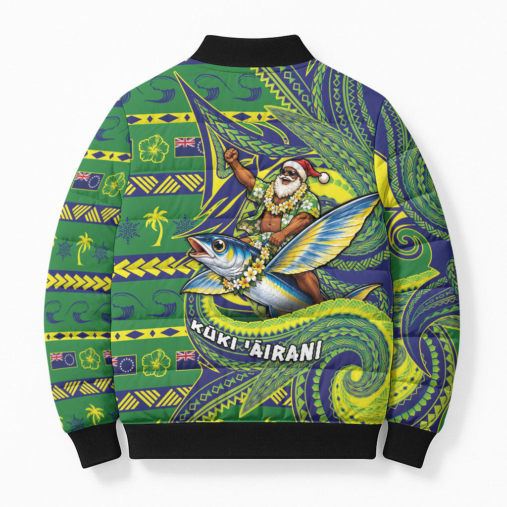 Cook Islands Christmas Bomber Puffer Jacket Santa Riding Flying Fish DT05 - Polynesian Pride