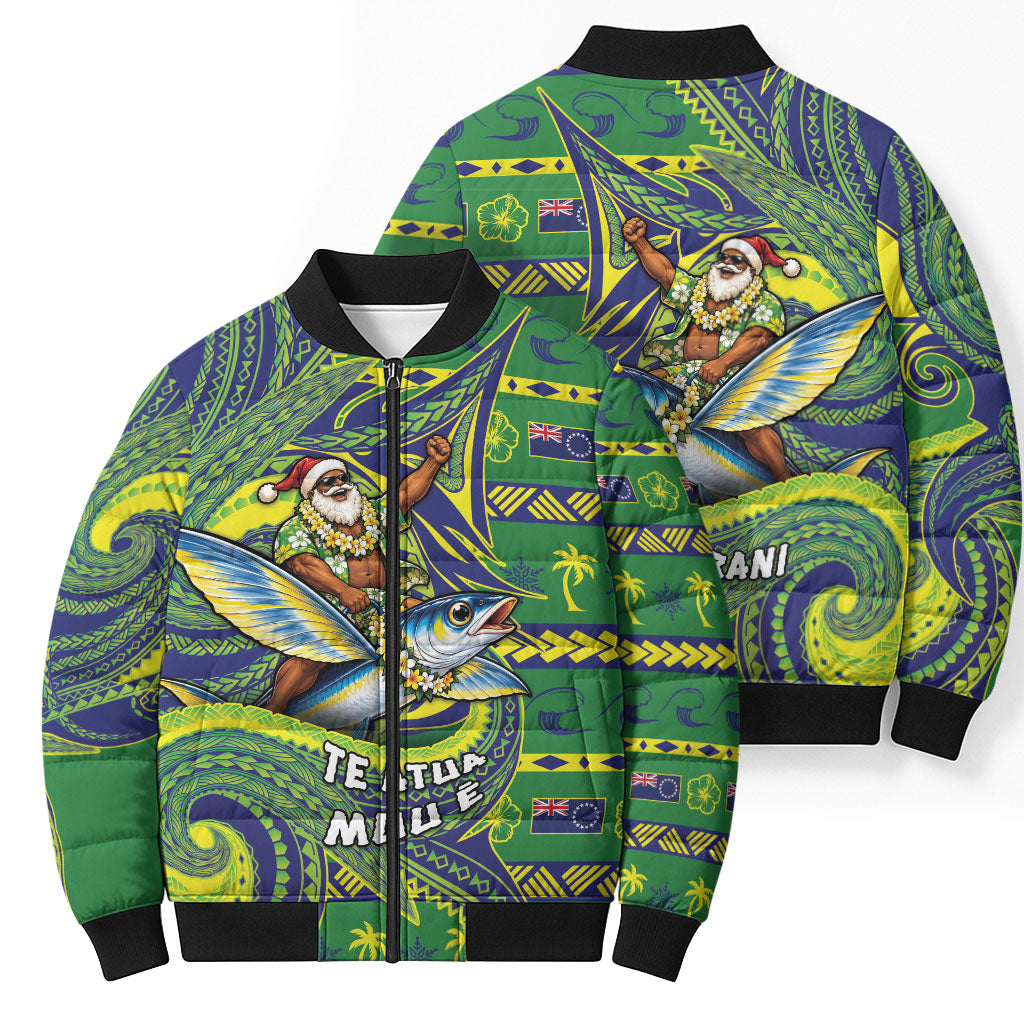 Cook Islands Christmas Bomber Puffer Jacket Santa Riding Flying Fish DT05 - Polynesian Pride