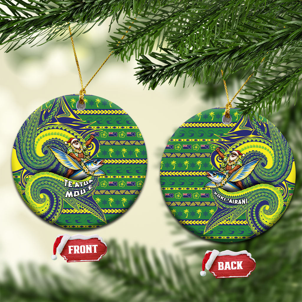 Cook Islands Christmas Ceramic Ornament Santa Riding Flying Fish DT05 Circle Green - Polynesian Pride