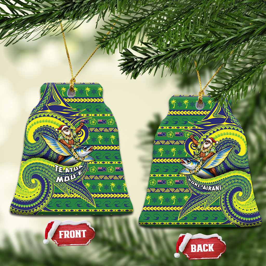 Cook Islands Christmas Ceramic Ornament Santa Riding Flying Fish DT05 Bell Flake Green - Polynesian Pride