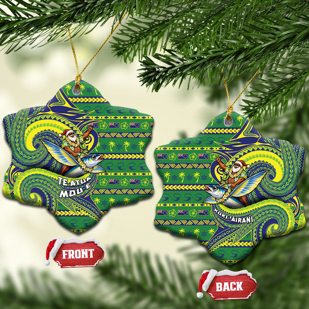Cook Islands Christmas Ceramic Ornament Santa Riding Flying Fish DT05 Snow Flake Green - Polynesian Pride