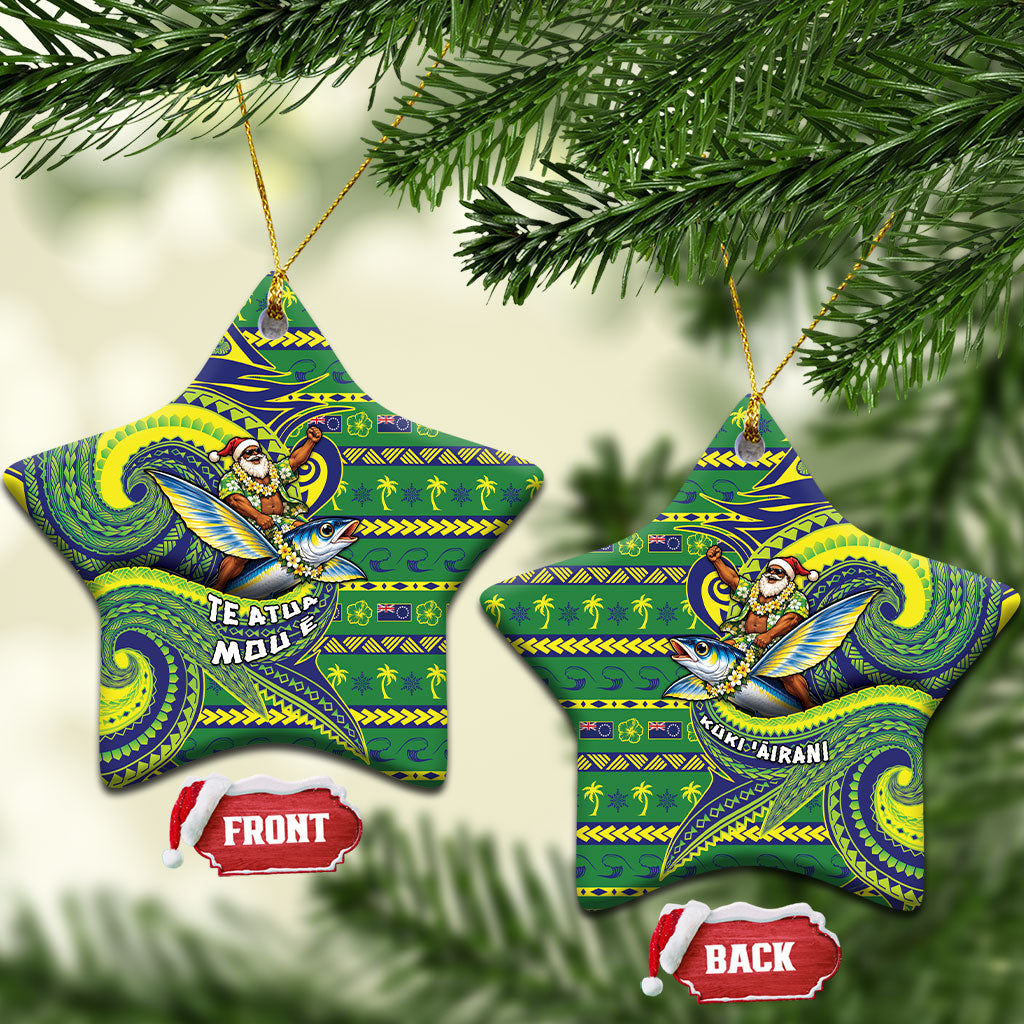 Cook Islands Christmas Ceramic Ornament Santa Riding Flying Fish DT05 Star Green - Polynesian Pride