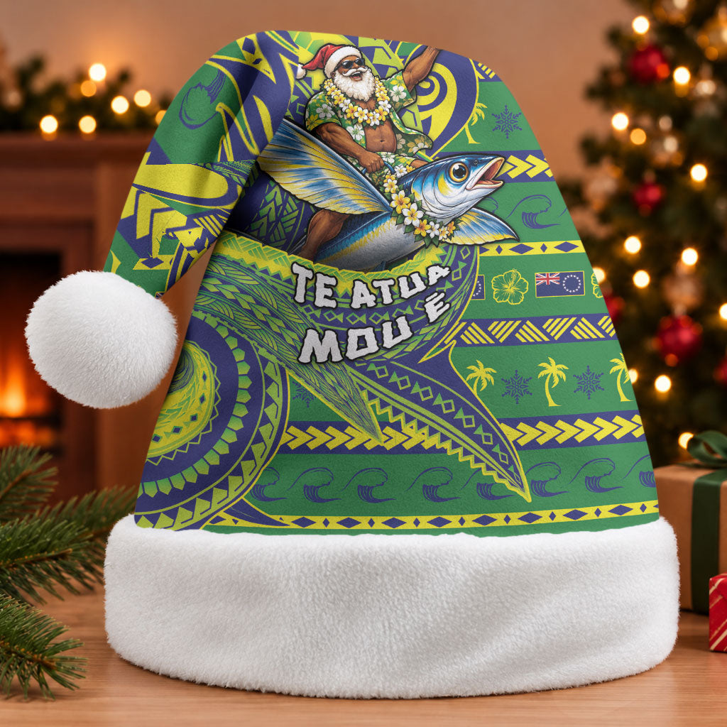 Cook Islands Christmas Santa Hat Santa Riding Flying Fish DT05 Without Fur Green - Polynesian Pride