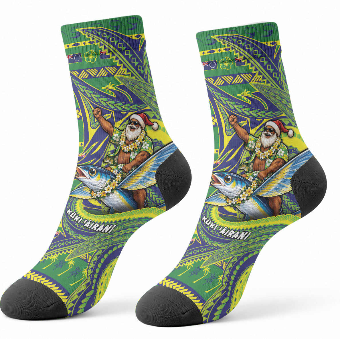 Cook Islands Christmas Crew Socks Santa Riding Flying Fish