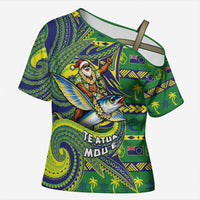 Cook Islands Christmas Cross Shoulder Shirt Santa Riding Flying Fish DT05 Female Green - Polynesian Pride