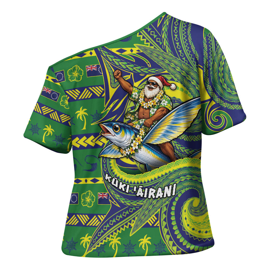 Cook Islands Christmas Cross Shoulder Shirt Santa Riding Flying Fish DT05 - Polynesian Pride
