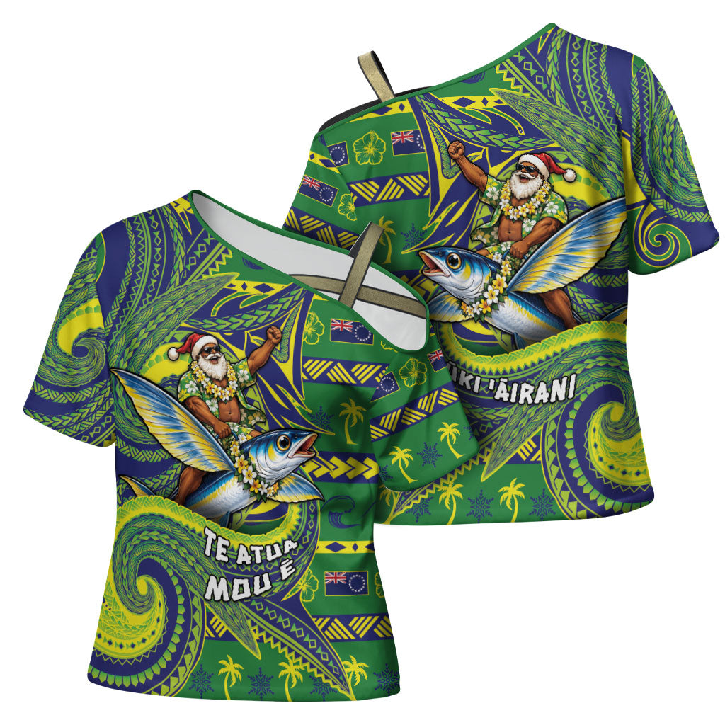Cook Islands Christmas Cross Shoulder Shirt Santa Riding Flying Fish DT05 - Polynesian Pride