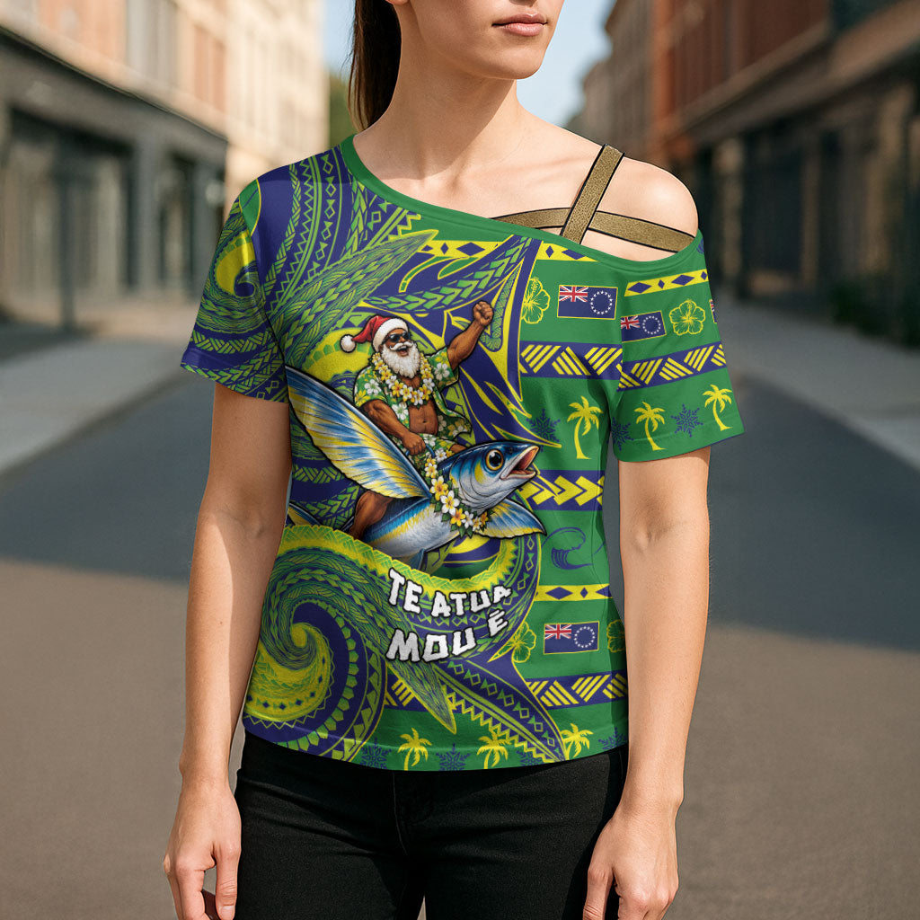 Cook Islands Christmas Cross Shoulder Shirt Santa Riding Flying Fish DT05 - Polynesian Pride