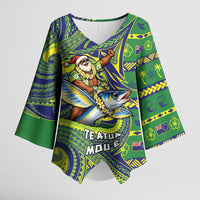 Cook Islands Christmas Kimono Sleeve Blouse Santa Riding Flying Fish DT05 Female Green - Polynesian Pride