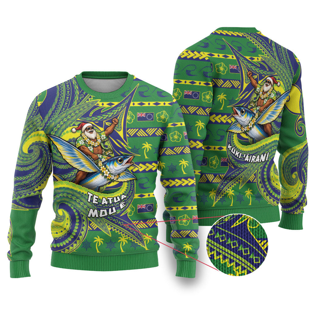 Cook Islands Christmas Ugly Christmas Sweater Santa Riding Flying Fish DT05 Green - Polynesian Pride