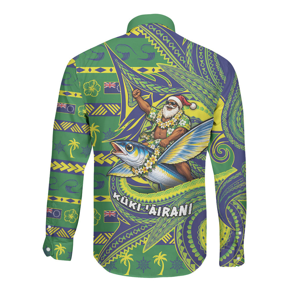 Cook Islands Christmas Long Sleeve Button Shirt Santa Riding Flying Fish