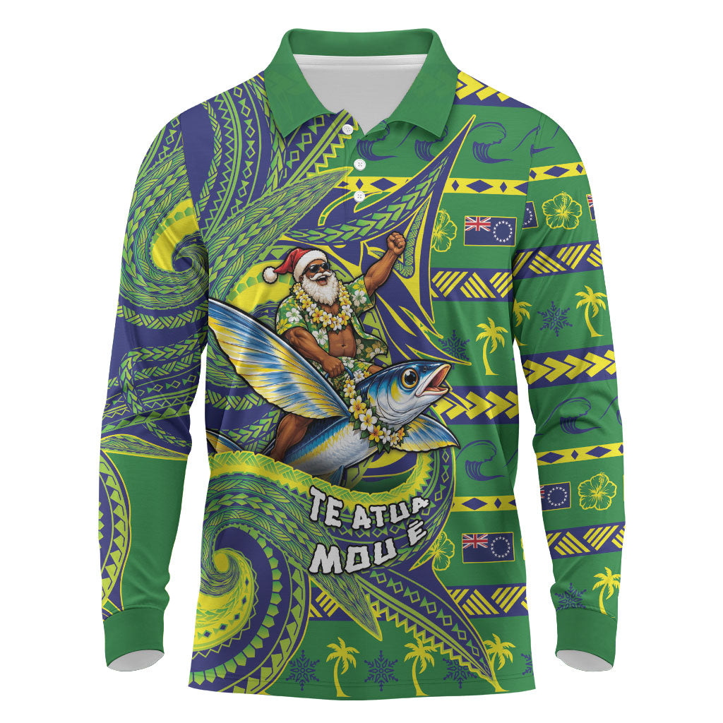 Cook Islands Christmas Long Sleeve Polo Shirt Santa Riding Flying Fish