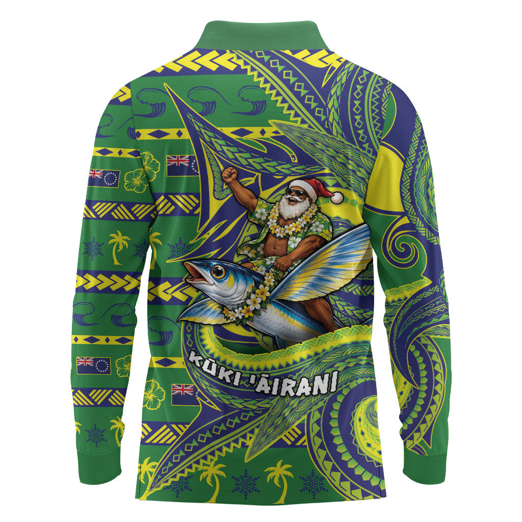 Cook Islands Christmas Long Sleeve Polo Shirt Santa Riding Flying Fish