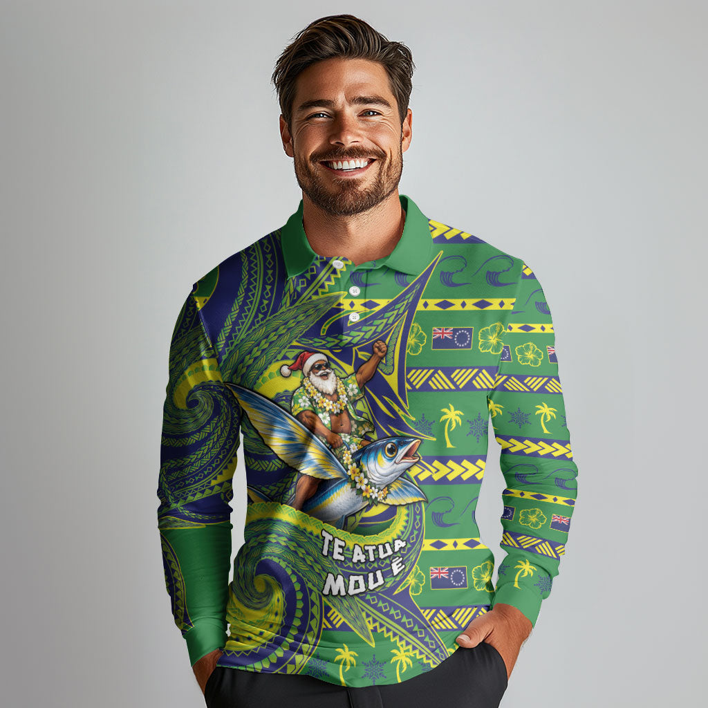Cook Islands Christmas Long Sleeve Polo Shirt Santa Riding Flying Fish