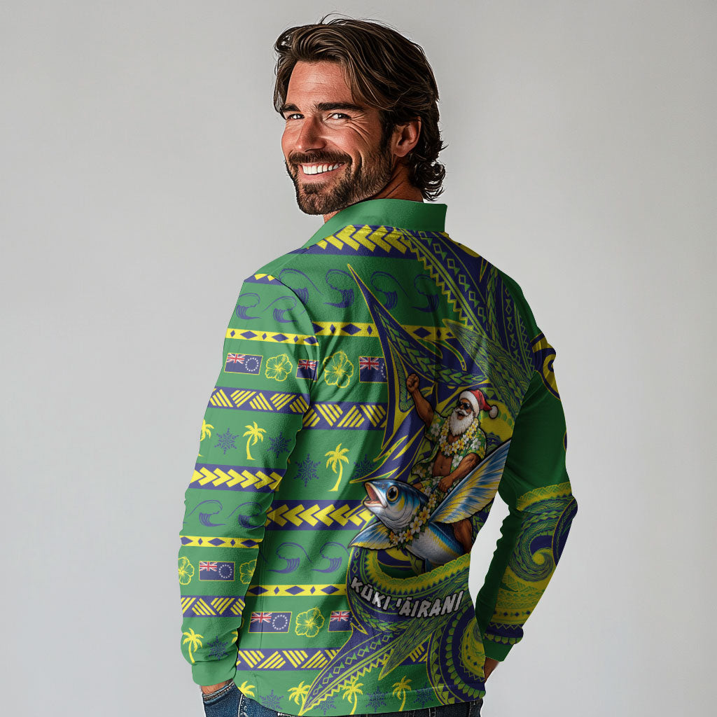 Cook Islands Christmas Long Sleeve Polo Shirt Santa Riding Flying Fish