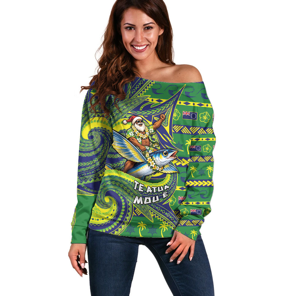 Cook Islands Christmas Off Shoulder Sweater Santa Riding Flying Fish