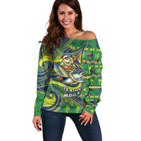 Cook Islands Christmas Off Shoulder Sweater Santa Riding Flying Fish
