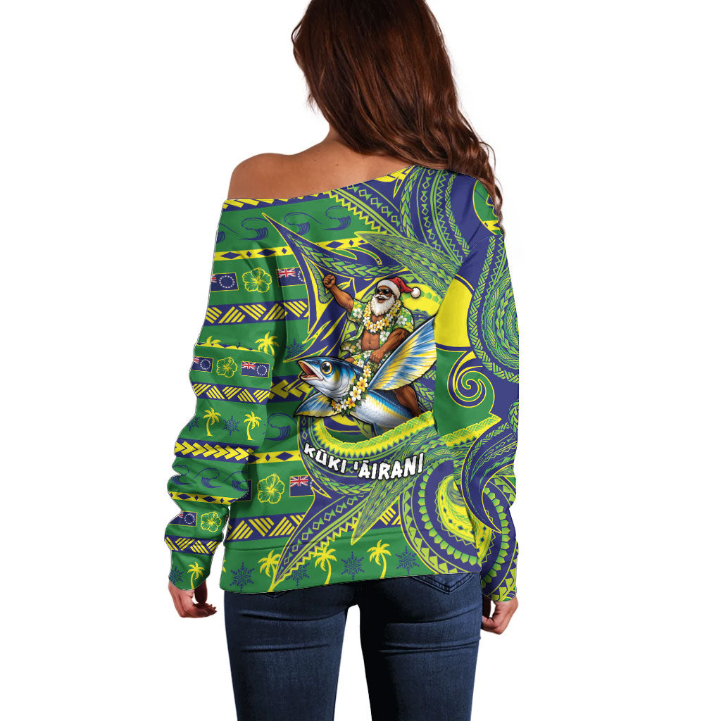 Cook Islands Christmas Off Shoulder Sweater Santa Riding Flying Fish