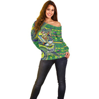 Cook Islands Christmas Off Shoulder Sweater Santa Riding Flying Fish