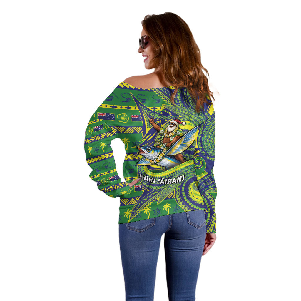 Cook Islands Christmas Off Shoulder Sweater Santa Riding Flying Fish
