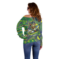 Cook Islands Christmas Off Shoulder Sweater Santa Riding Flying Fish
