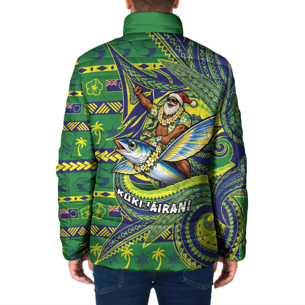 Cook Islands Christmas Padded Jacket Santa Riding Flying Fish