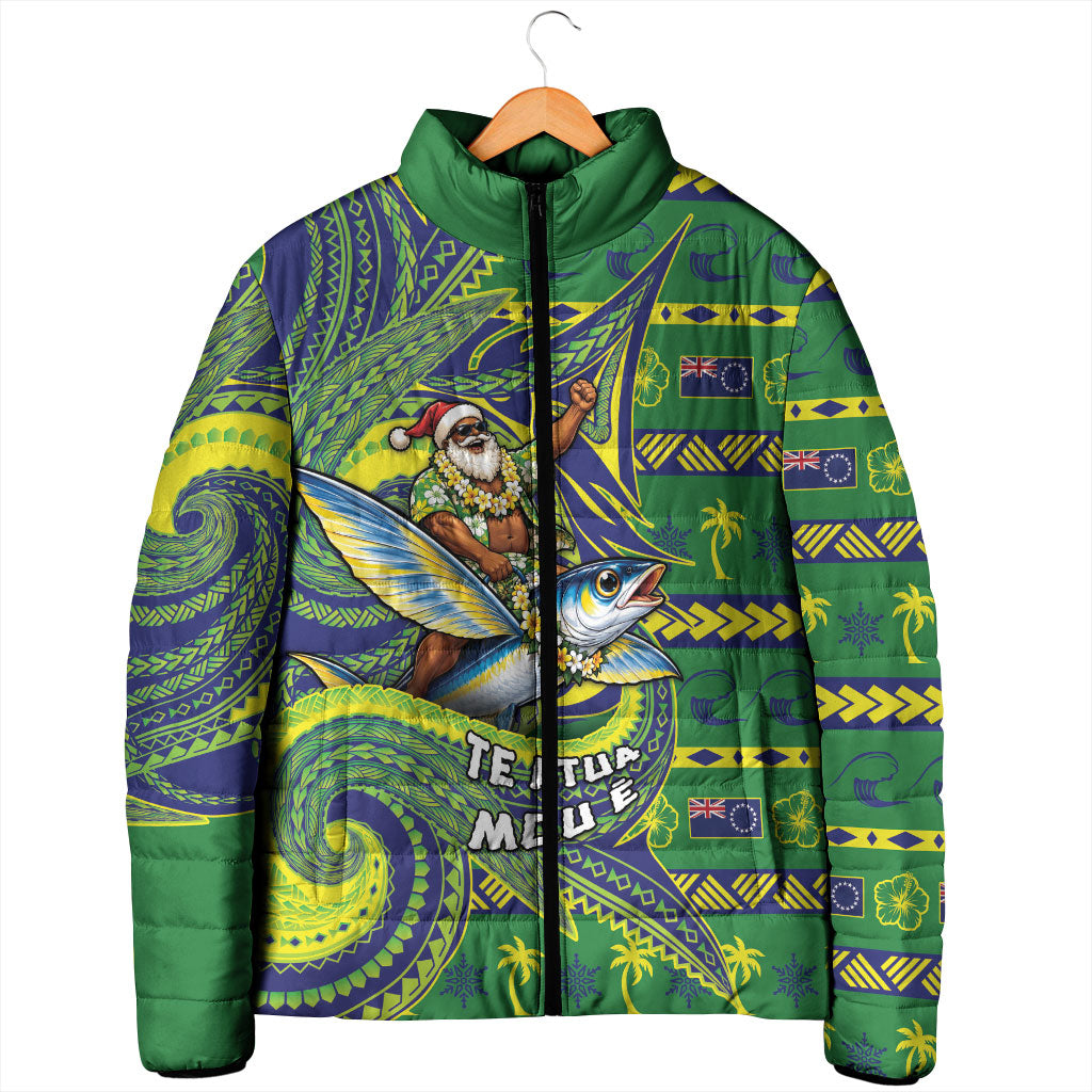 Cook Islands Christmas Padded Jacket Santa Riding Flying Fish