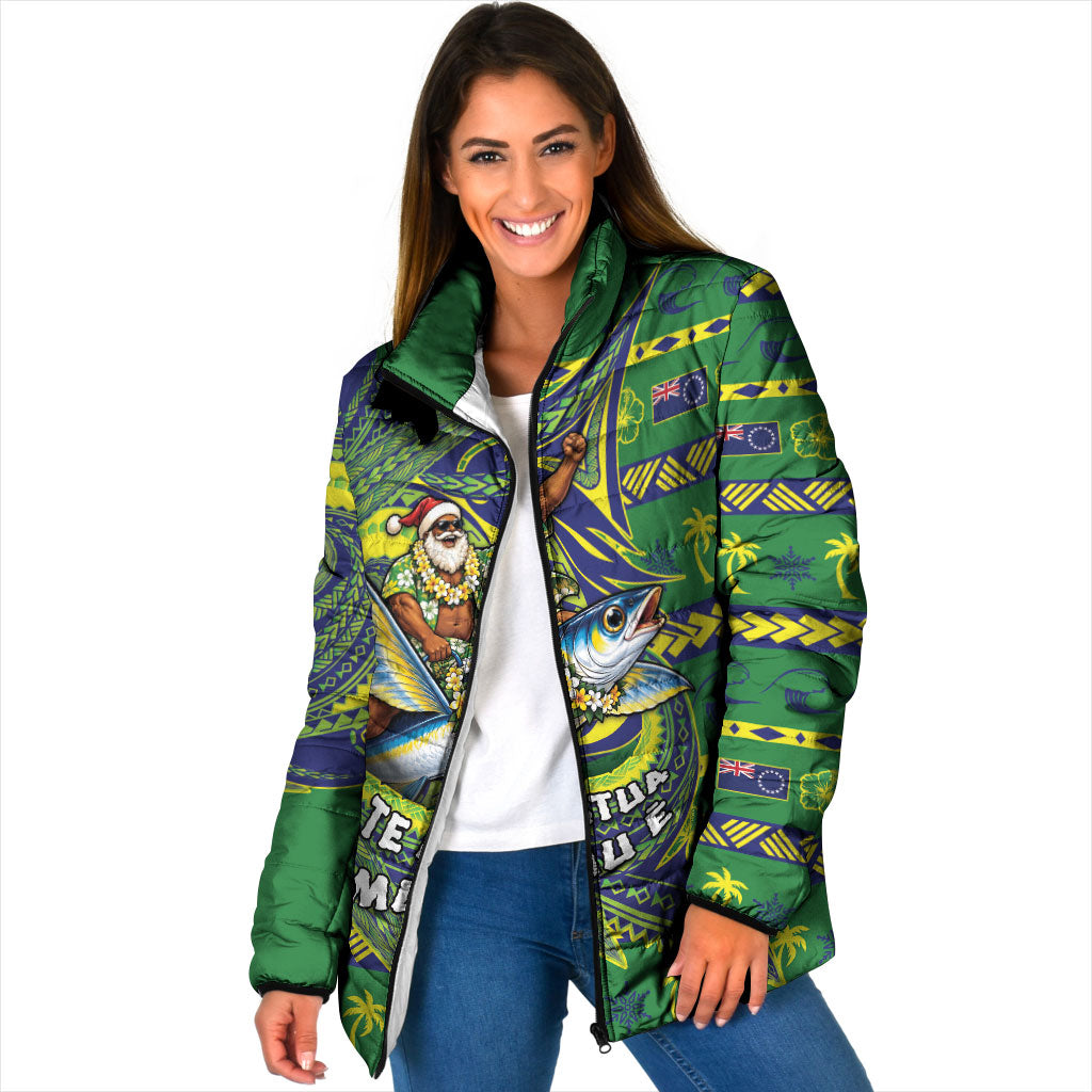 Cook Islands Christmas Padded Jacket Santa Riding Flying Fish