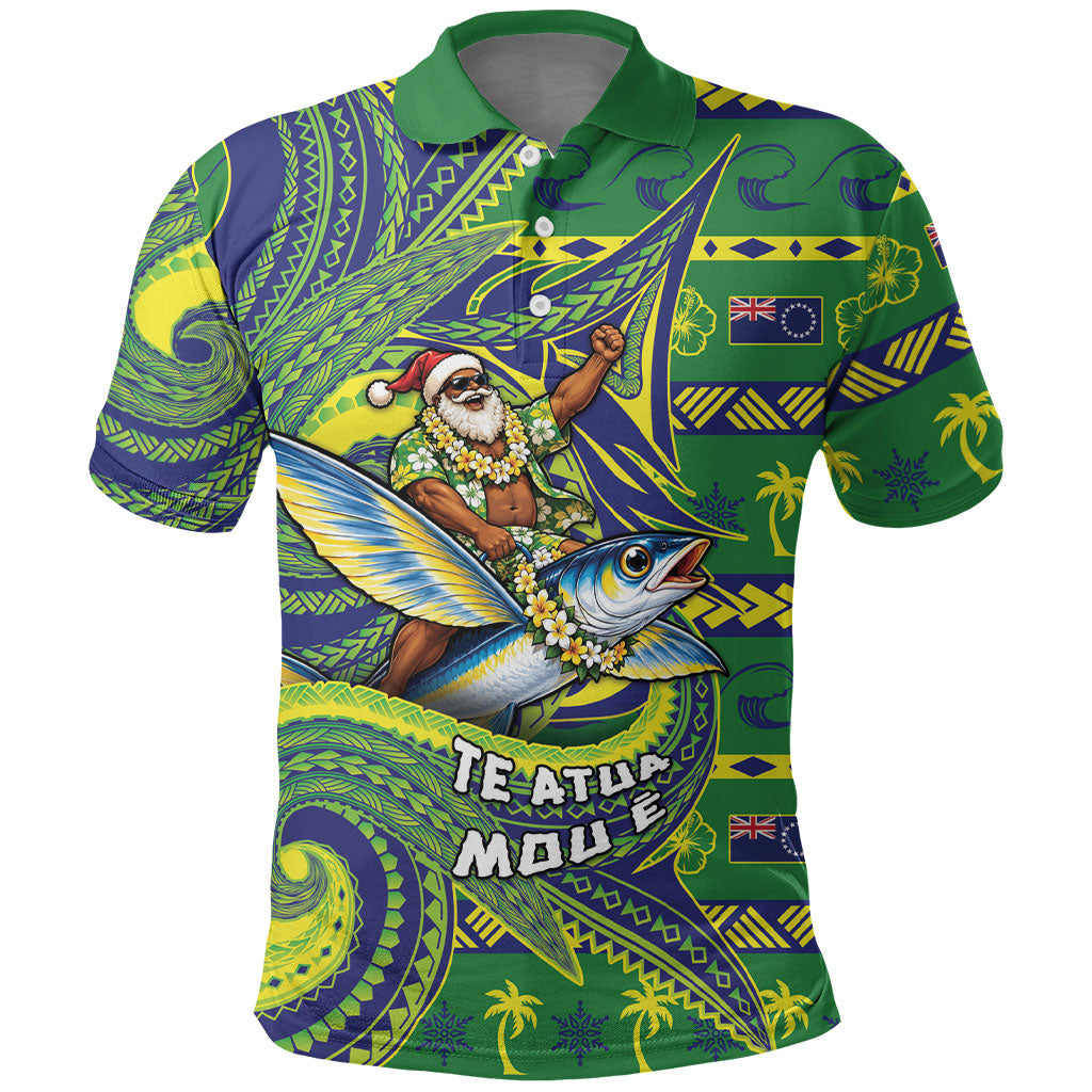 Cook Islands Christmas Polo Shirt Santa Riding Flying Fish