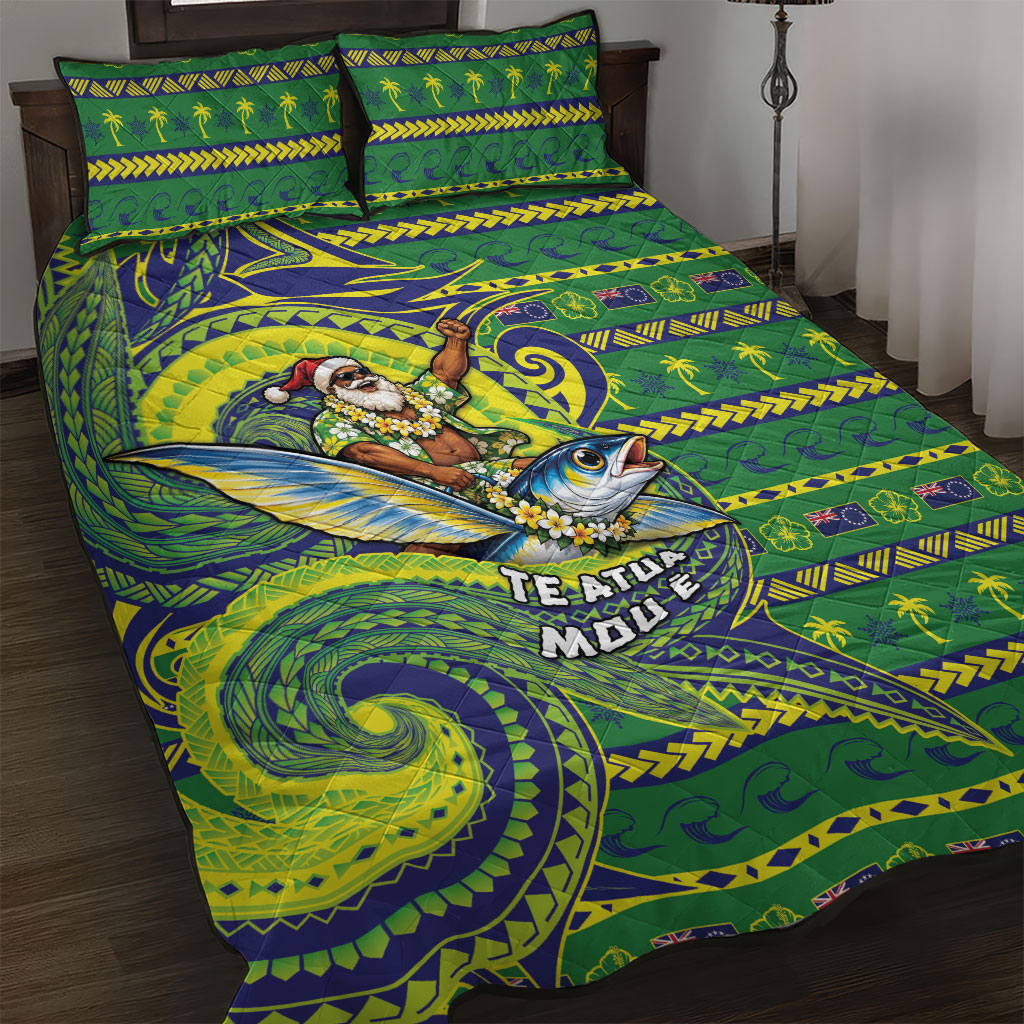 Cook Islands Christmas Quilt Bed Set Santa Riding Flying Fish