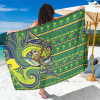 Cook Islands Christmas Sarong Santa Riding Flying Fish DT05 One Size 44 x 66 inches Green - Polynesian Pride