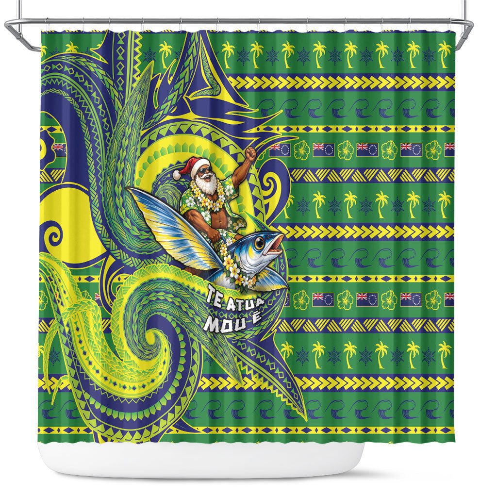 Cook Islands Christmas Shower Curtain Santa Riding Flying Fish DT05 Green - Polynesian Pride