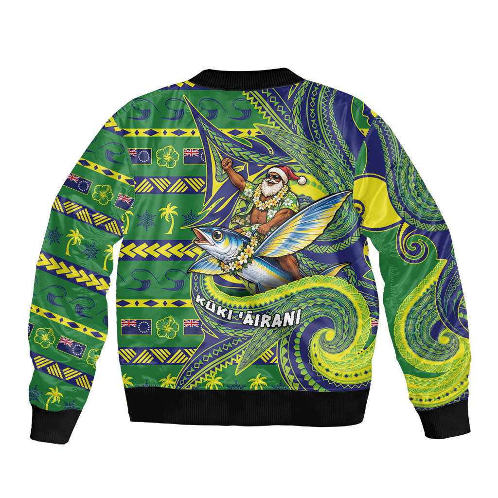 Cook Islands Christmas Sleeve Zip Bomber Jacket Santa Riding Flying Fish