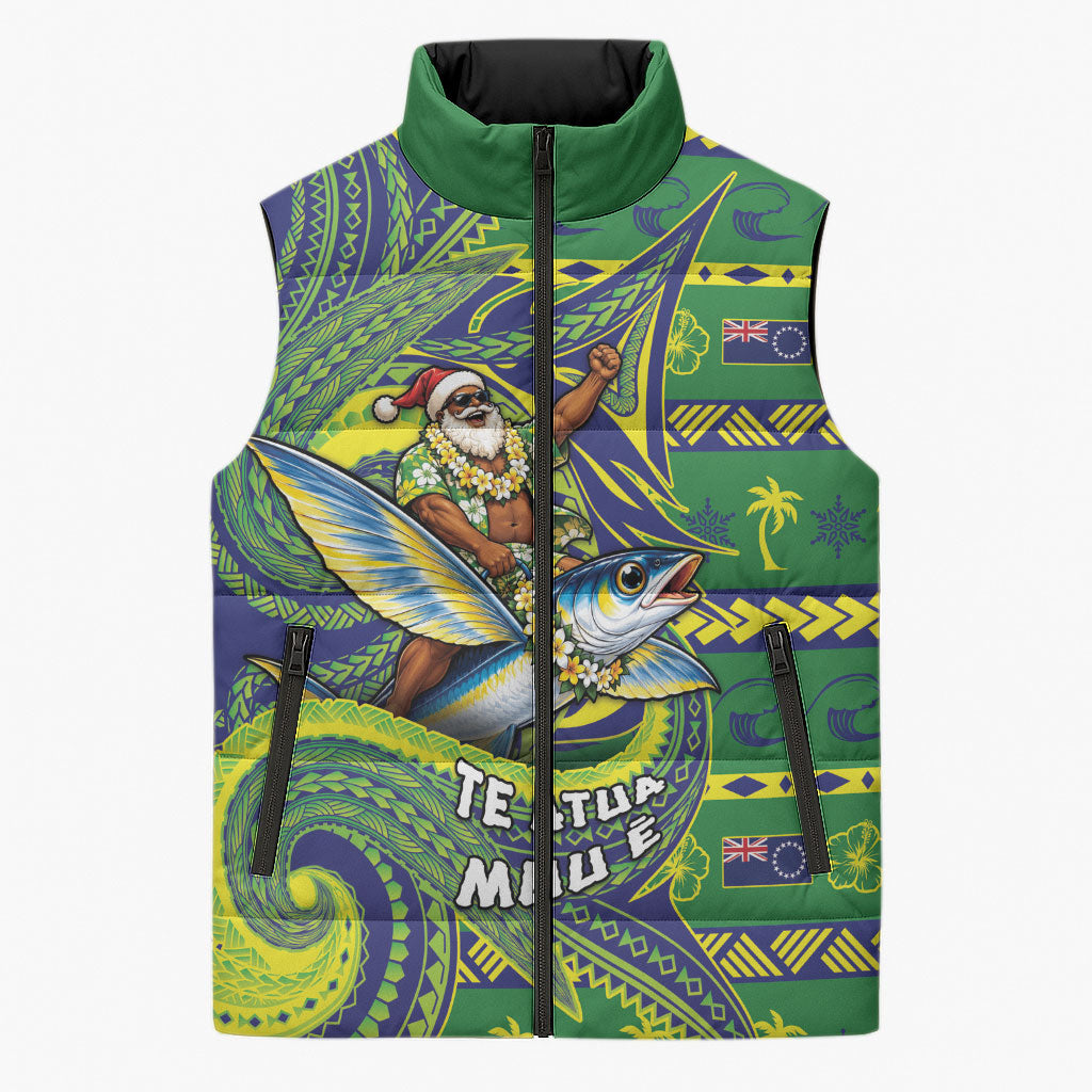 Cook Islands Christmas Sleeveless Puffer Jacket Santa Riding Flying Fish