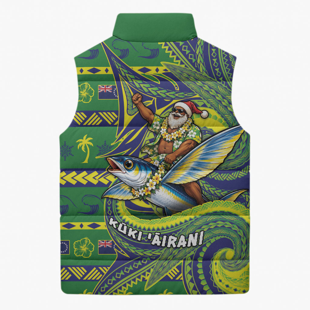 Cook Islands Christmas Sleeveless Puffer Jacket Santa Riding Flying Fish