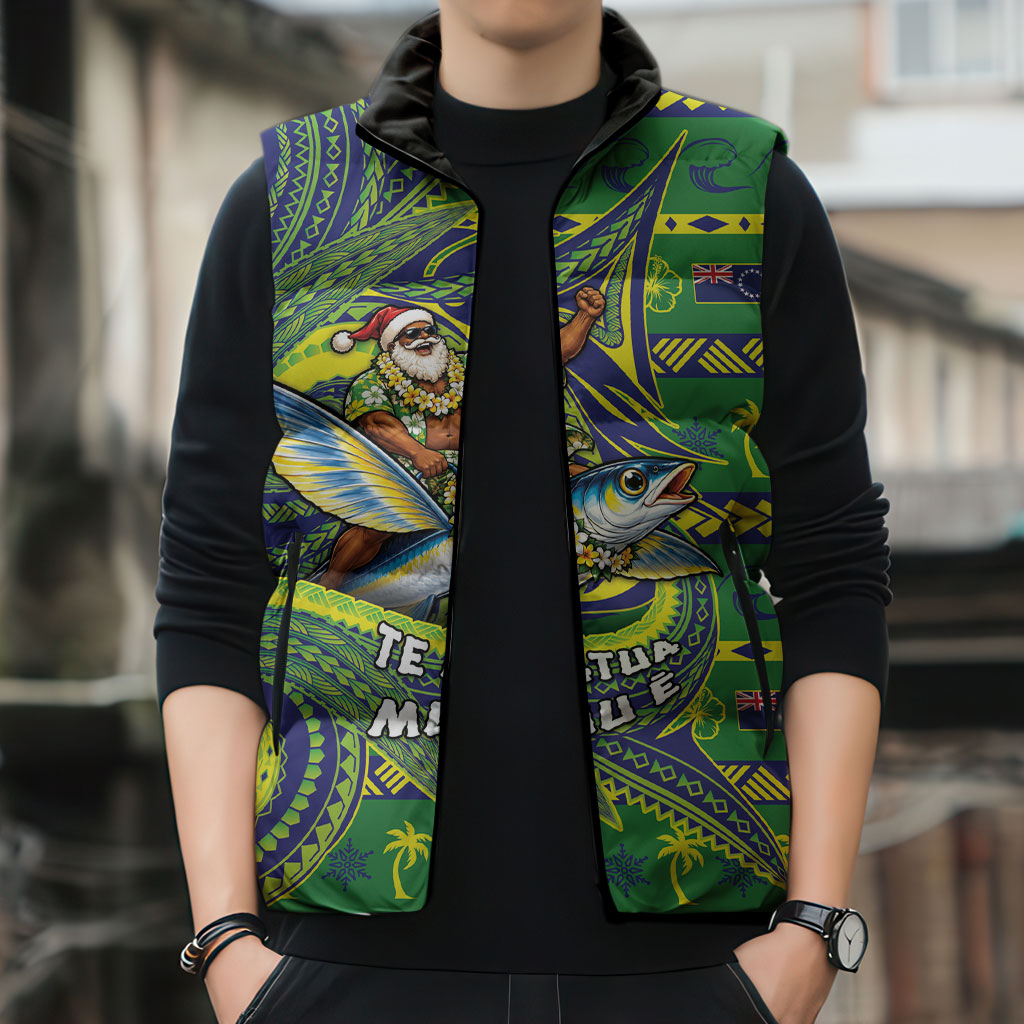 Cook Islands Christmas Sleeveless Puffer Jacket Santa Riding Flying Fish