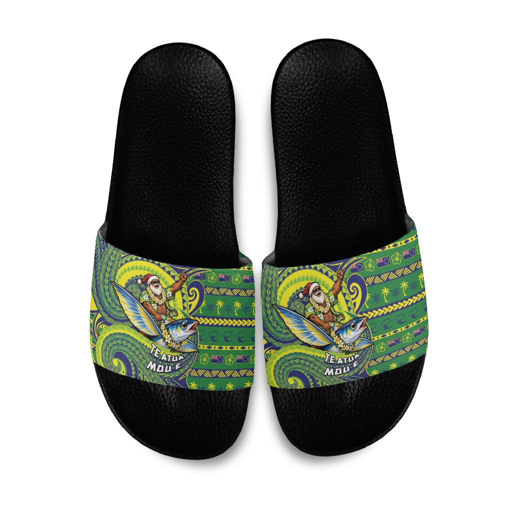 Cook Islands Christmas Slide Sandals Santa Riding Flying Fish