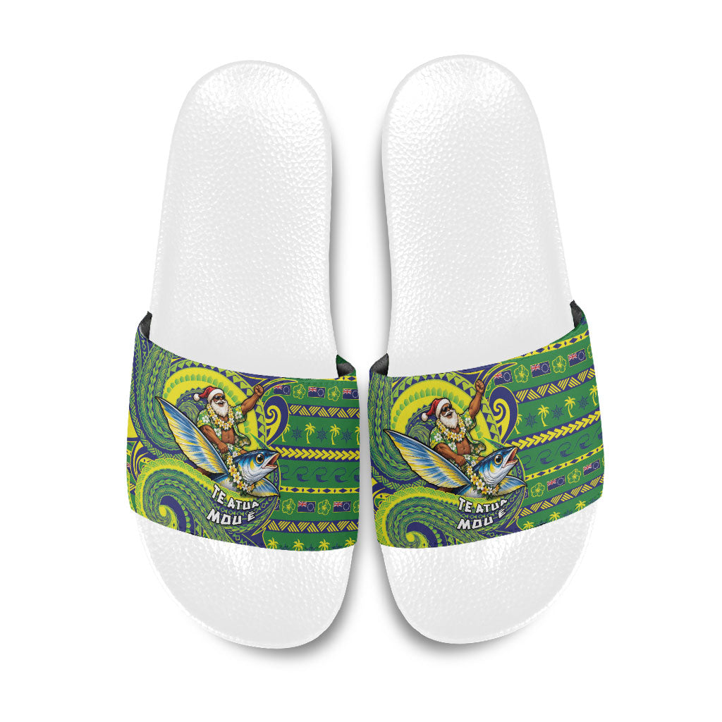 Cook Islands Christmas Slide Sandals Santa Riding Flying Fish